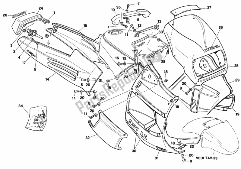 Alle onderdelen voor de Kuip van de Ducati Paso 907 I. E. USA 1992